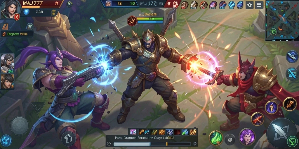 Screenshot dari gameplay seru MAJ777 dalam pertarungan tim MOBA.