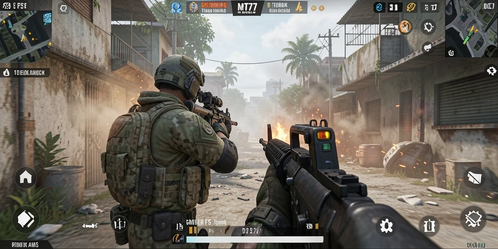 Tangkapan layar MT777 menampilkan aksi pertempuran FPS yang mendebarkan.