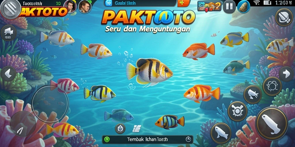 Gameplay seru PAKTOTO dalam menembak ikan berwarna-warni.
