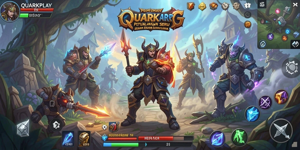 Screenshot utama menunjukkan pertarungan seru dalam <strong>QUARKPLAY</strong> di dunia ARPG.