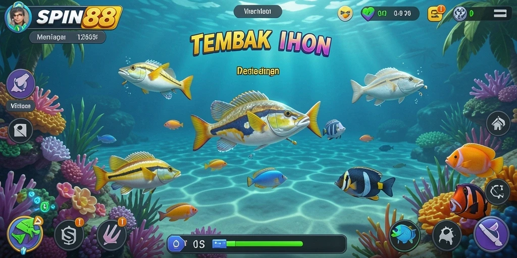 Tampilan gameplay seru SPIN88 dengan berbagai ikan untuk ditembak.