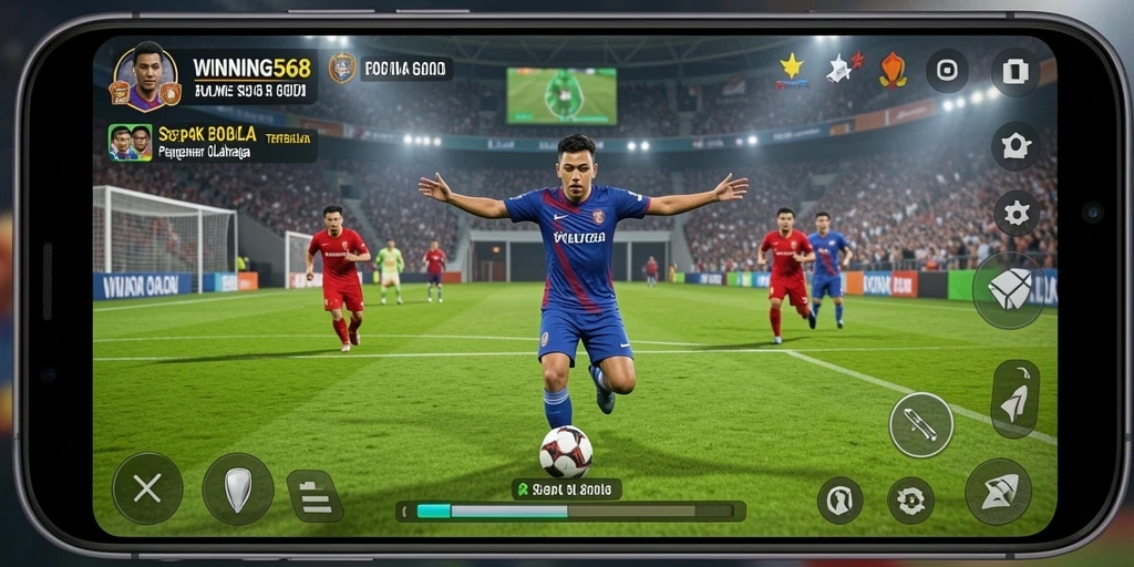 Screenshot utama WINNING568 menampilkan aksi pertandingan sepak bola yang mendebarkan.
